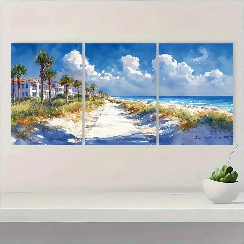 3pcs Seaside Beach Scene with Palm  SB  Wall Art Set Canvas FrMamed 40x60cm - High Quality Print 100% Australian Made Wall Canvas Ready to Hang