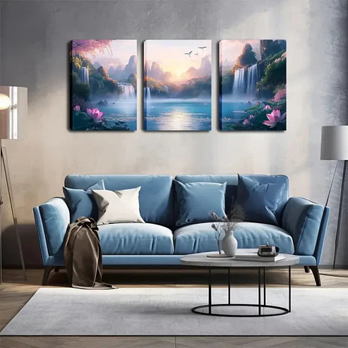 3pcs Serene Waterfall & Mountain Landscape  Wall Art Set Canvas Unframed - High Quality Print 100% Australian Made Wall Canvas