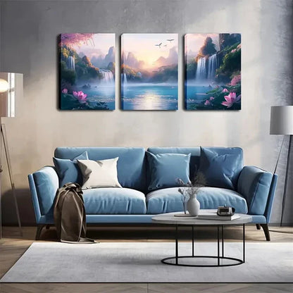 3pcs Serene Waterfall & Mountain Landscape  Wall Art Set Canvas Unframed - High Quality Print 100% Australian Made Wall Canvas