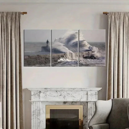 3pcs Pier Huge Waves Lighthouse Sea Wall Art Canvas Unframed - High Quality Print 100% Australian Made Wall Canvas