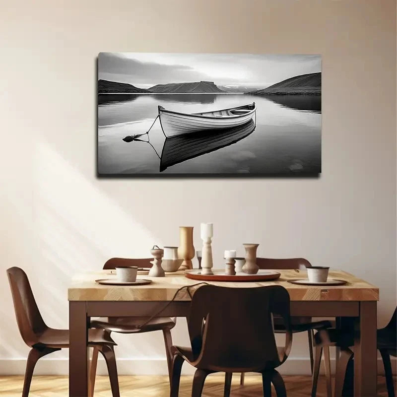 Tranquil Lake Scene Rowboat Wall Art canvas office home room framed 120x60cm