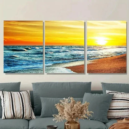 3pcs Ocean Waves & Sandy Shoreline Sunset Beach Wall Art Set Canvas Unframed - High Quality Print 100% Australian Made Wall Canvas