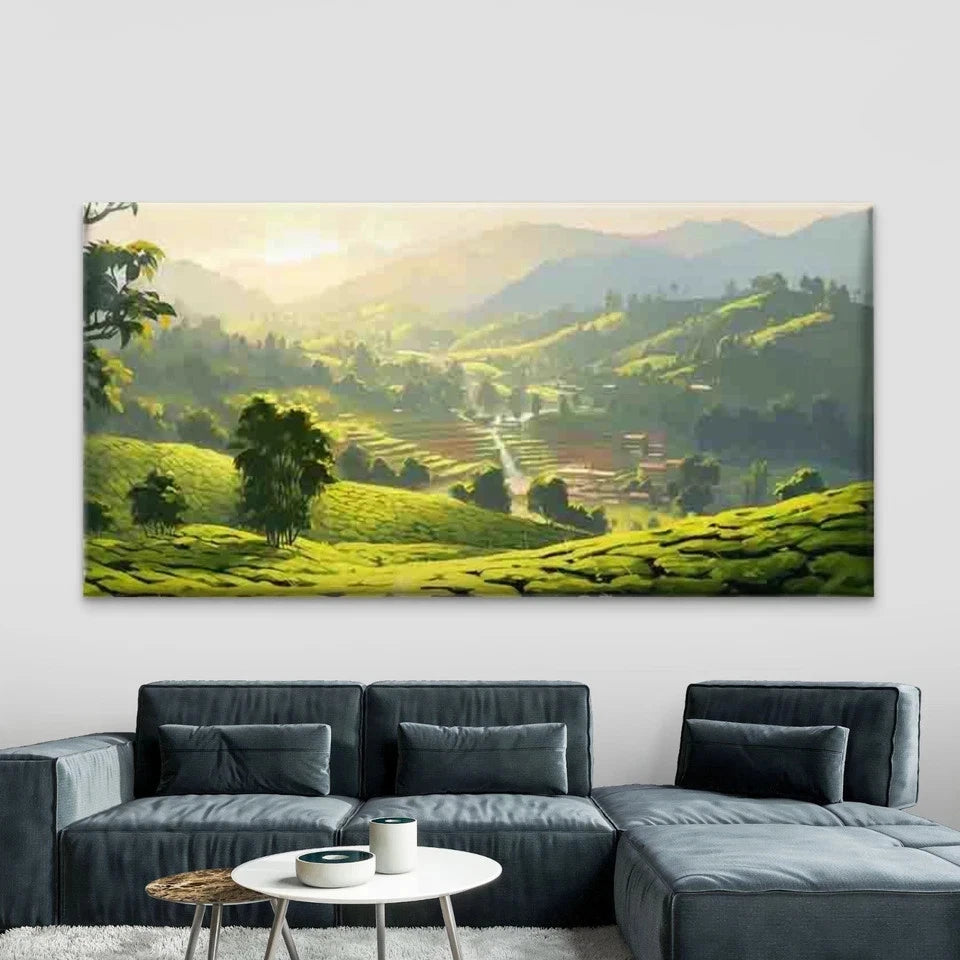 Green Hill & Mountain Valley Wall Art Canvas Office Home Room Framed 120x60cm - Bella Home Decor