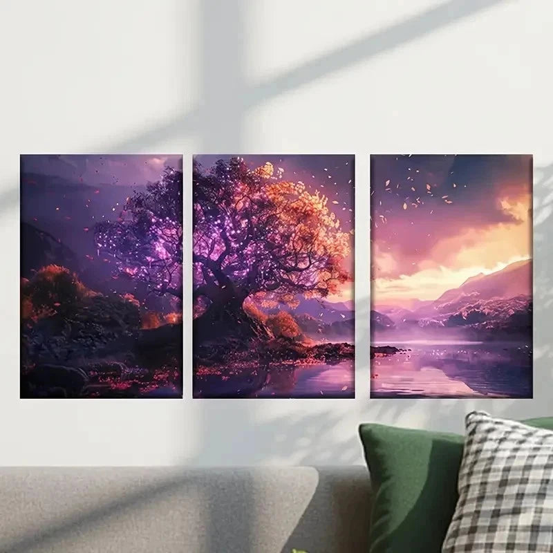 3pcs Tree with a Purple Sky and a Lake Wall Art Set Canvas Framed 50x70cm - High Quality Print 100% Australian Made Wall Canvas Ready to Hang