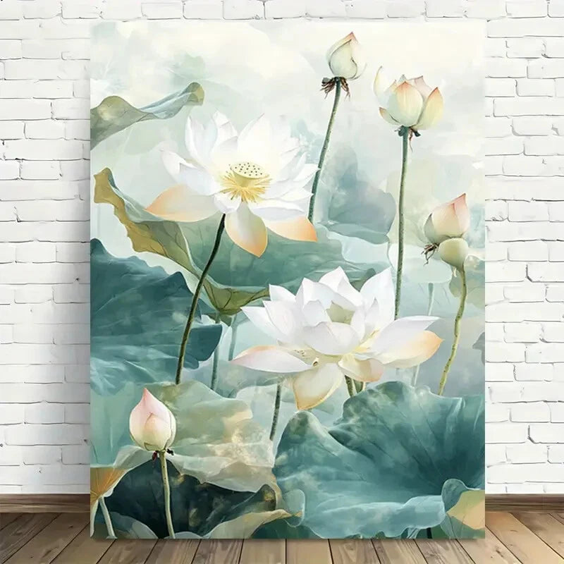 Beautiful Lotus Pond Serene White Painting 40x60cm Metal Print Ready to Hang - Bella Home Decor
