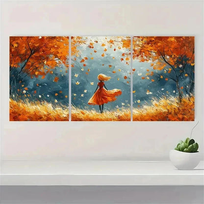 3pcs Falling Leaves Girl Fine Art Print E Wall Art Set Canvas Framed 40x60cm - High Quality Print 100% Australian Made Wall Canvas Ready to Hang
