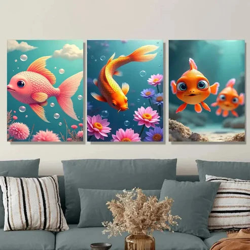 3pcs Underwater Scene with Pink Fish Orange Koi Wall Art Set Canvas Unframed - High Quality Print 100% Australian Made Wall Canvas