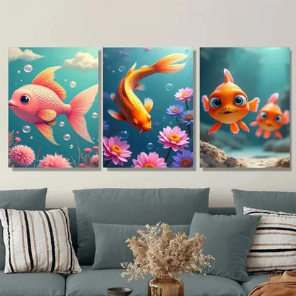 3pcs Underwater Scene with Pink Fish Orange Koi Wall Art Set Canvas Unframed - High Quality Print 100% Australian Made Wall Canvas