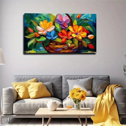 Vibrant Floral Basket Wall Art Canvas Office Home Room Framed 120x60cm