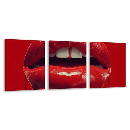3pcs Vibrant Red Lips Glossy Liquid Drip    Wall Art Set Canvas Framed 50x70cm - High Quality Print 100% Australian Made Wall Canvas Ready to Hang