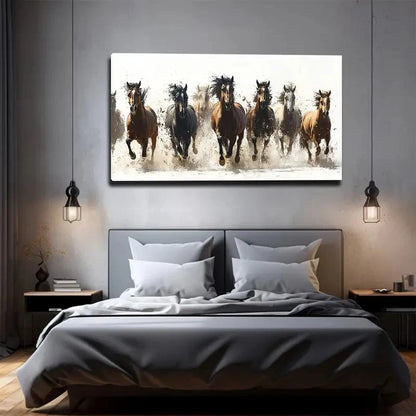 Six Galloping Horses Wall Art Canvas Office Home Room Framed 120x60cm