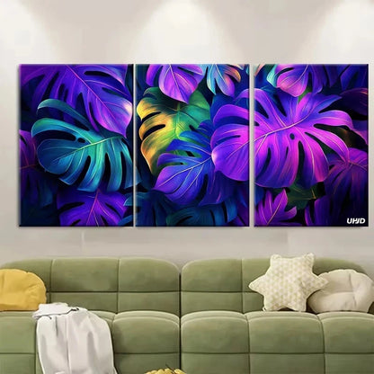 3pcs Tropical Leaves in Purple and Green Wall Art Set Canvas Framed 60x90cm - High Quality Print 100% Australian Made Wall Canvas Ready to Hang