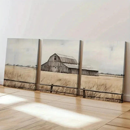 3pcs Rustic Barn Golden Field Wooden Fence Wall Art Set Canvas Framed 60x90cm - High Quality Print 100% Australian Made Wall Canvas Ready to Hang - Bella Home Decor
