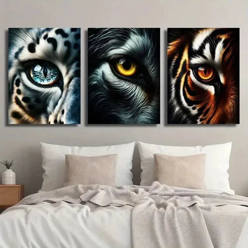 3pcs Snow Leopard Wolf Tiger Eye Macro Wall Art Set Canvas Unframed - High Quality Print 100% Australian Made Wall Canvas