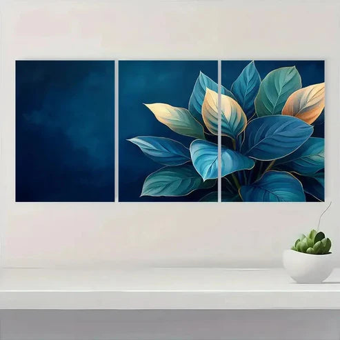 3pcs Vibrant Blue & Golden Calathea Perfect Wall Art Canvas Unframed - High Quality Print 100% Australian Made Wall Canvas - Bella Home Decor
