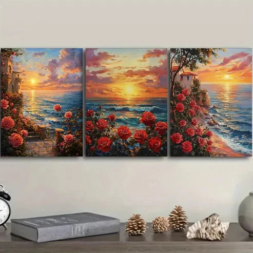 3pcs Sunset Seaside & Blooming Red Roses Wall Art Set Canvas Unframed - High Quality Print 100% Australian Made Wall Canvas - Bella Home Decor