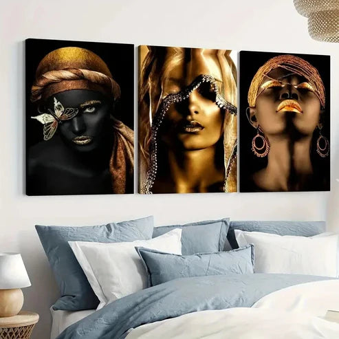 3pcs Black African American Woman Black and Golden  Wall Art Set Canvas Unframed - High Quality Print 100% Australian Made Wall Canvas - Bella Home Decor
