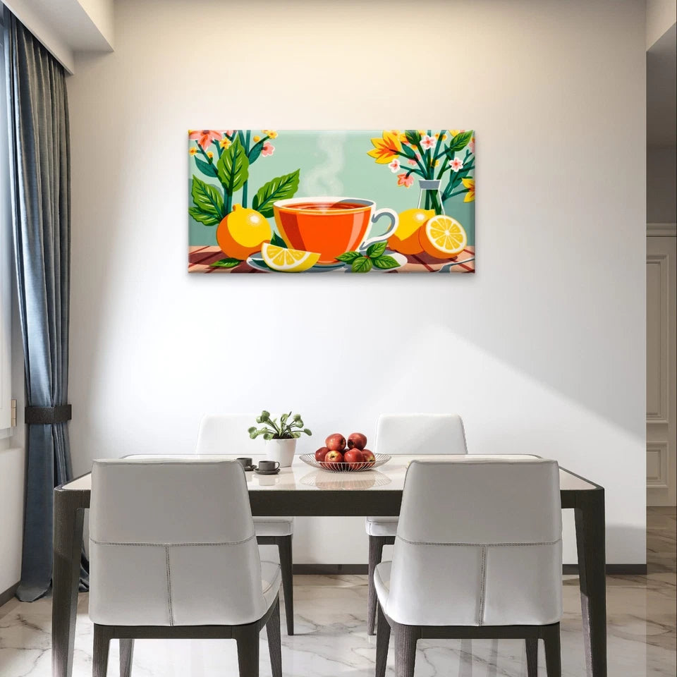 Lemon and Tea Botanical Illustration Wall Art Canvas Office Home Framed 120x60cm
