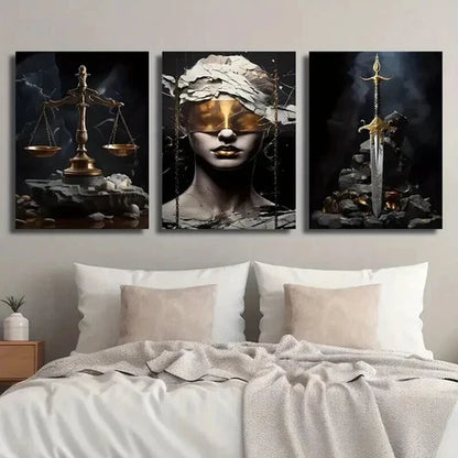 3pcs Scales of Justice & Golden Sword Wall Art Set Canvas Unframed - High Quality Print 100% Australian Made Wall Canvas