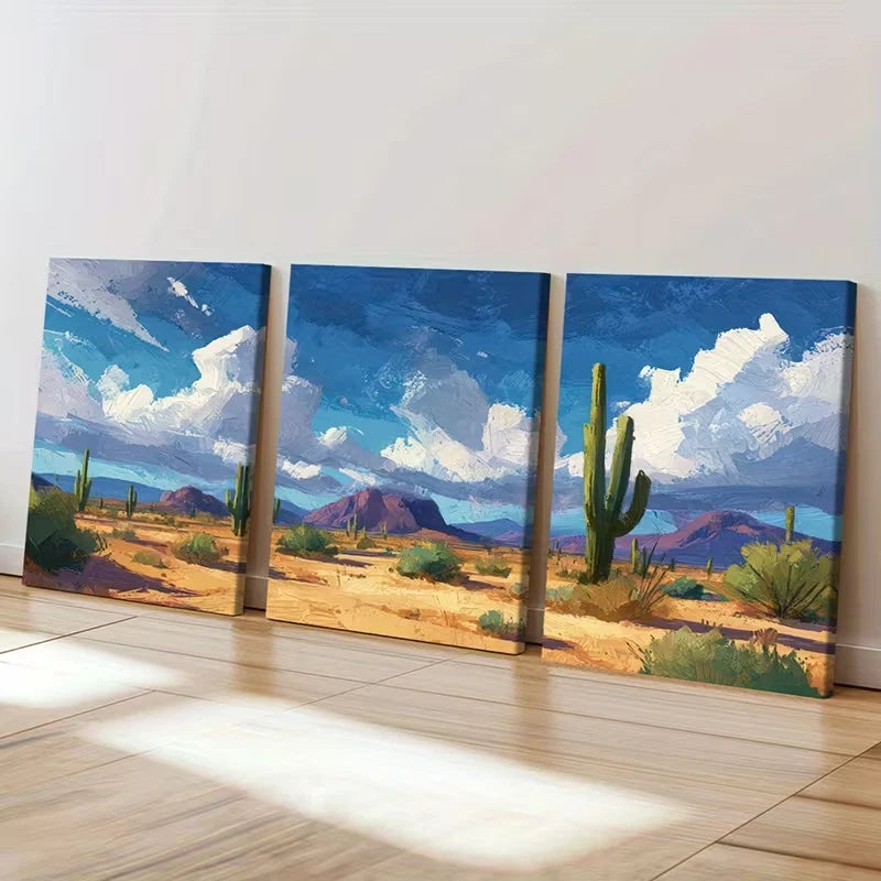 3pcs Vibrant Cactus & Australian Mountain  Wall Art Set Canvas Framed 40x60cm - High Quality Print 100% Australian Made Wall Canvas Ready to Hang - Bella Home Decor