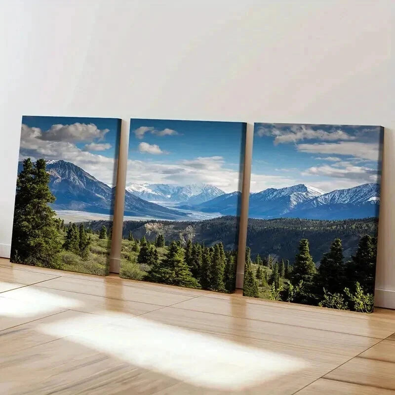 3pcs Mountains Trees and Blue Sky with Clouds Wall Art Set Canvas Framed 60x90cm - High Quality Print 100% Australian Made Wall Canvas Ready to Hang - Bella Home Decor