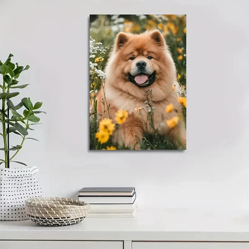 Cheerful Chow Chow Dog with Flowers Painting 40x60cm Metal Print Ready to Hang - Bella Home Decor