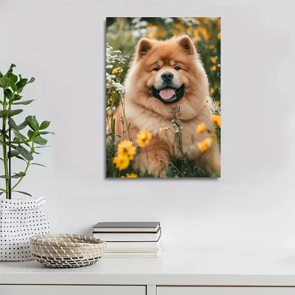 Cheerful Chow Chow Dog with Flowers Painting 40x60cm Metal Print Ready to Hang - Bella Home Decor