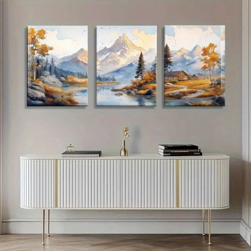 3pcs Scenic Autumn Views with Majestic Mountains Metal Print Ready to Hang Art