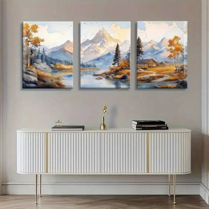 3pcs Scenic Autumn Views with Majestic Mountains Metal Print Ready to Hang Art