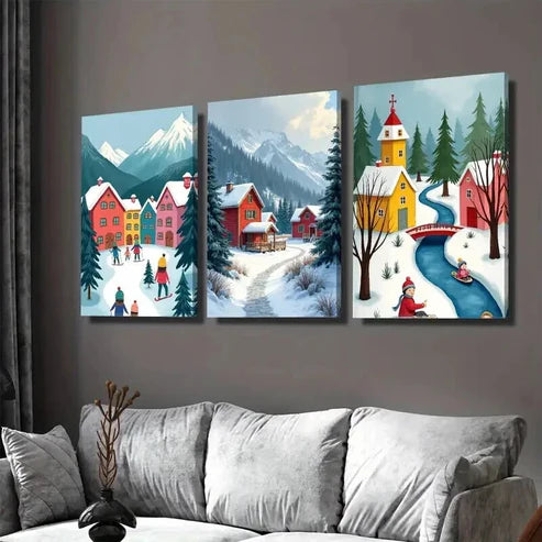 3pcs Village Triptych Vibrant Snowy Mountain Wall Art Set Canvas Unframed - High Quality Print 100% Australian Made Wall Canvas