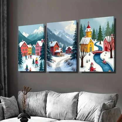 3pcs Village Triptych Vibrant Snowy Mountain Wall Art Set Canvas Unframed - High Quality Print 100% Australian Made Wall Canvas