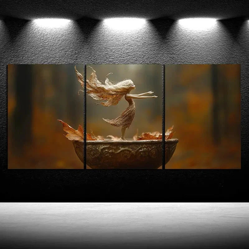 3pcs The Leaf Girl Dancing Golden Leaves Metal Print Ready to Hang Art - Bella Home Decor