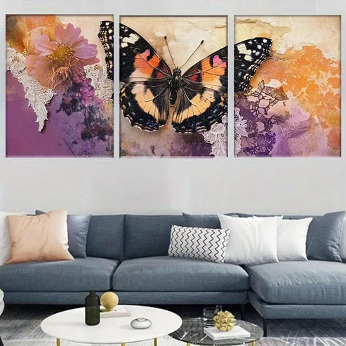 3pcs Rustic Floral Lace Vintage Butterfly Wall Art Canvas Unframed - High Quality Print 100% Australian Made Wall Canvas