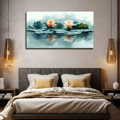 Serene Blue & Orange For Lotus Wall Art Canvas Office Home Room Framed 120x60cm