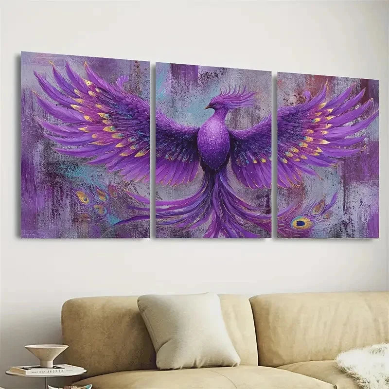 3pcs Purple Phoenix Grunge Punk Wall Art Set Canvas Framed 50x70cm - High Quality Print 100% Australian Made Wall Canvas Ready to Hang