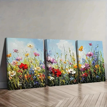 3pcs Vibrant Wildflower Scene Wall Art Set Canvas Framed 40x60cm - High Quality Print 100% Australian Made Wall Canvas Ready to Hang