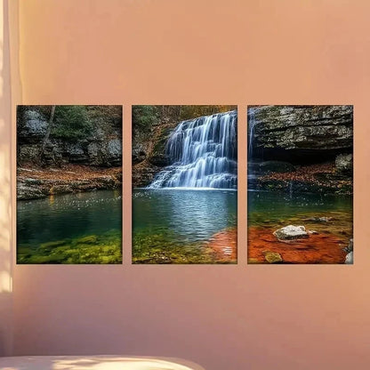 3pcs Waterfall in The Woods with a Red Rock Wall Art Set Canvas Framed 60x90cm - High Quality Print 100% Australian Made Wall Canvas Ready to Hang