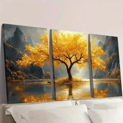 3pcs Golden Tree Water Reflection Painting Wall Art Set Canvas Framed 60x90cm - High Quality Print 100% Australian Made Wall Canvas Ready to Hang