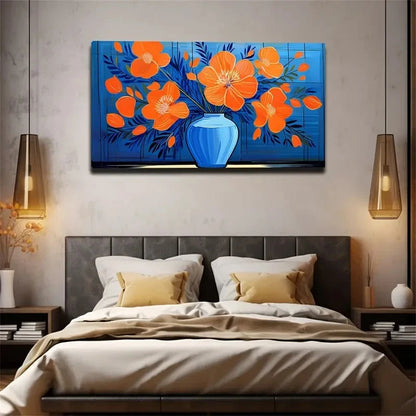 Vibrant Orange Floral Wall Art Canvas Office Home Room Framed 120x60cm
