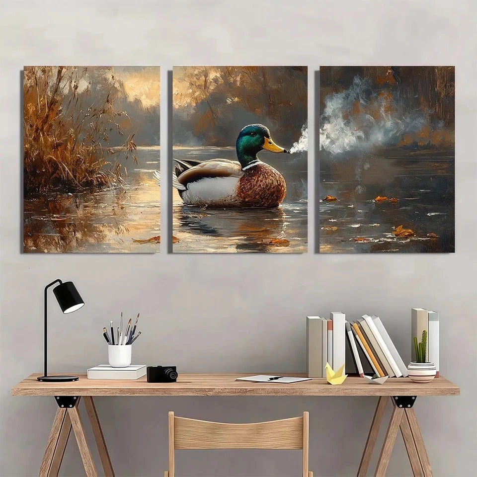 3pcs Funny Smoking Duck Painting Vintage Retro Metal Print Ready to Hang Art - Bella Home Decor