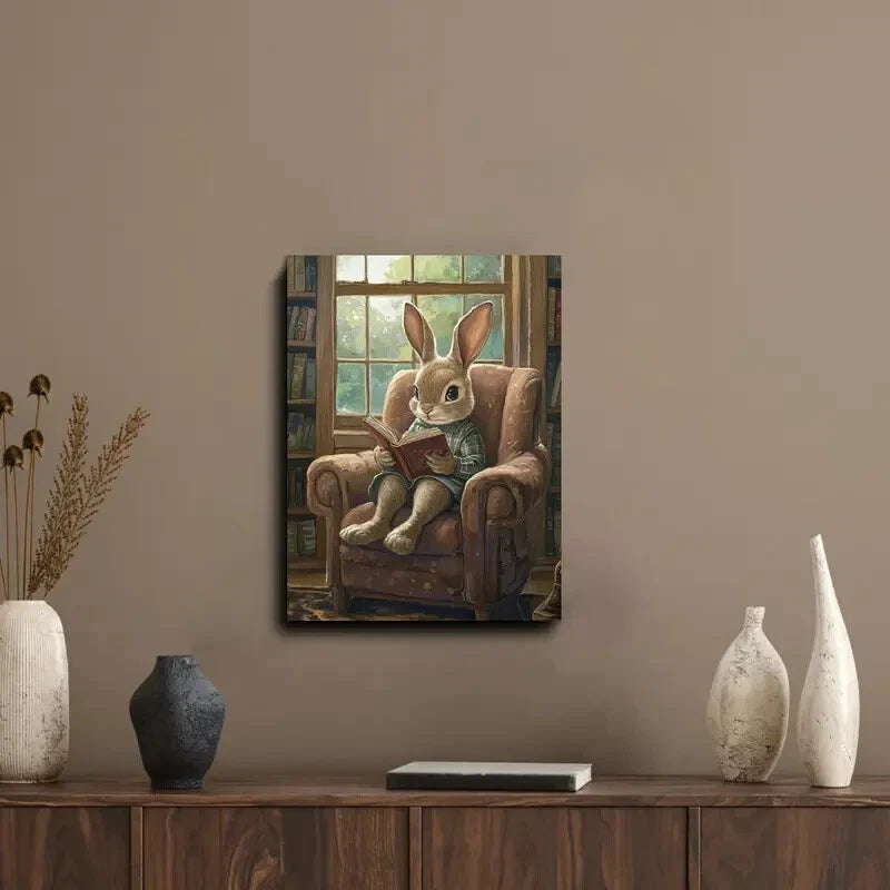 Charming Rabbit Reading in Armchair Painting 40x60cm Metal Print Ready to Hang