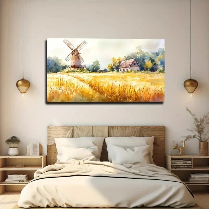 Serene Windmill And Wheat Field Wall Art Canvas Office Home Room Framed 120x60cm
