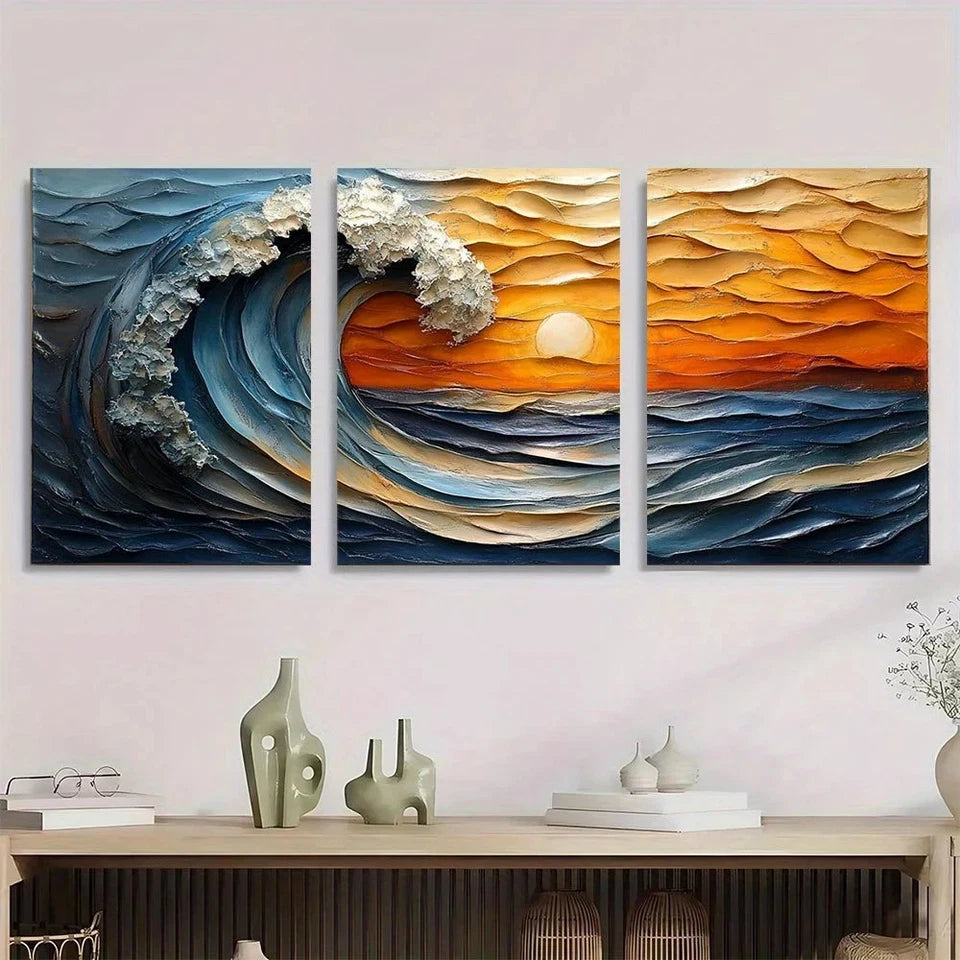 3pcs Modern Abstract Painting Blue & Gold Metal Print Ready to Hang Art - Bella Home Decor