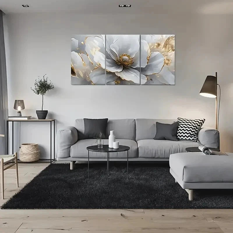 3pcs Abstract Floral Gray & Golden Metal Print Ready to Hang Art - Bella Home Decor