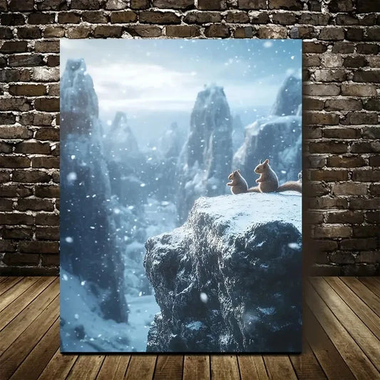 Enchanting Squirrel Duo on Snowy Mountain Painting 40x60cm Metal Print Ready to Hang - Bella Home Decor