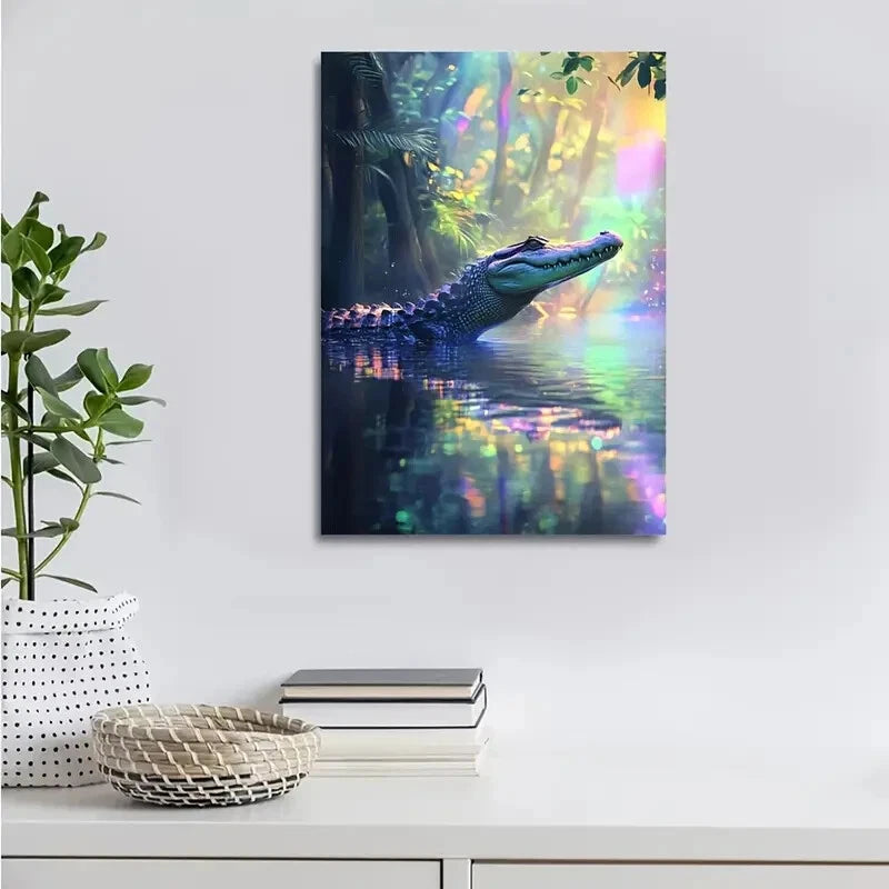 Crocodile in Water with Rainbow Reflections Painting 40x60cm Metal Print Ready to Hang - Bella Home Decor