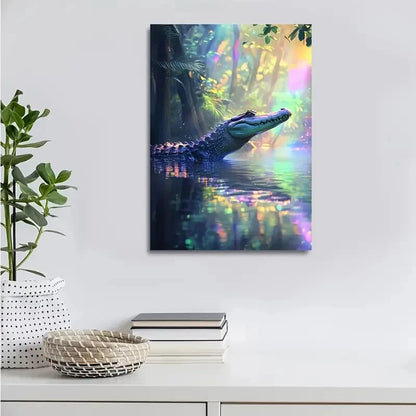Crocodile in Water with Rainbow Reflections Painting 40x60cm Metal Print Ready to Hang - Bella Home Decor