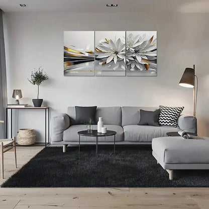 3pcs Modern Abstract Flower White & Golden Metal Print Ready to Hang Art