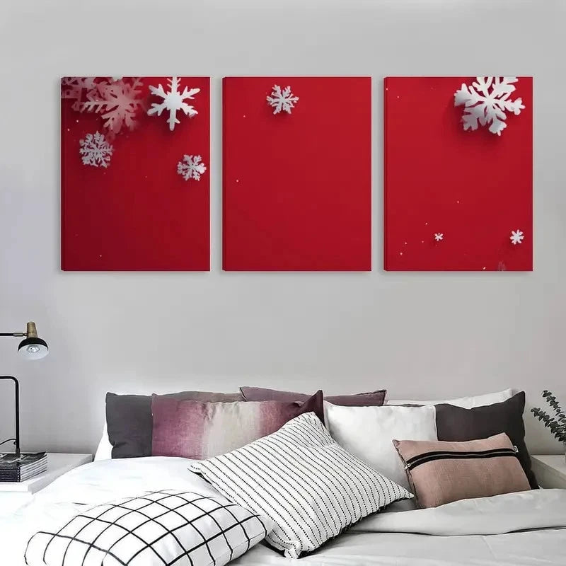 3pcs Red Background with White Snowflakes  Wall Art Set Canvas Framed 50x70cm - High Quality Print 100% Australian Made Wall Canvas Ready to Hang
