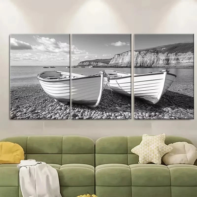 3pcs Black and White Boats at Chesil Cove Metal Print Ready to Hang Art - Bella Home Decor